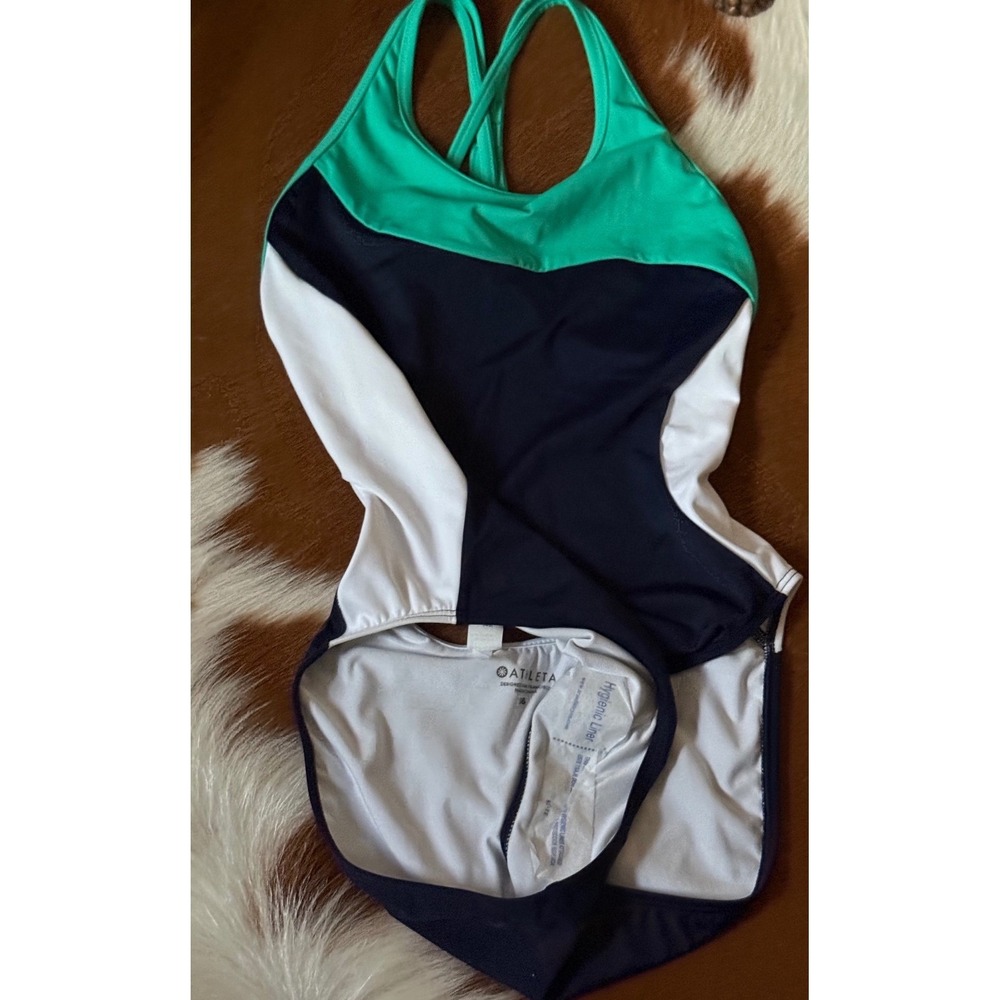 Athleta Freestyle Colorblock One Piece Swimsuit Navy Green White Size 36 - Picture 7 of 12